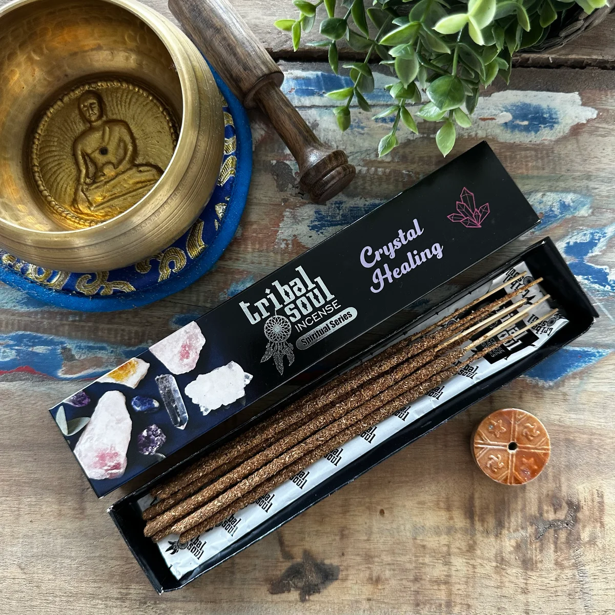 Ceramic holder with Tribal Soul spiritual incense sticks arranged for crystal healing incense use
