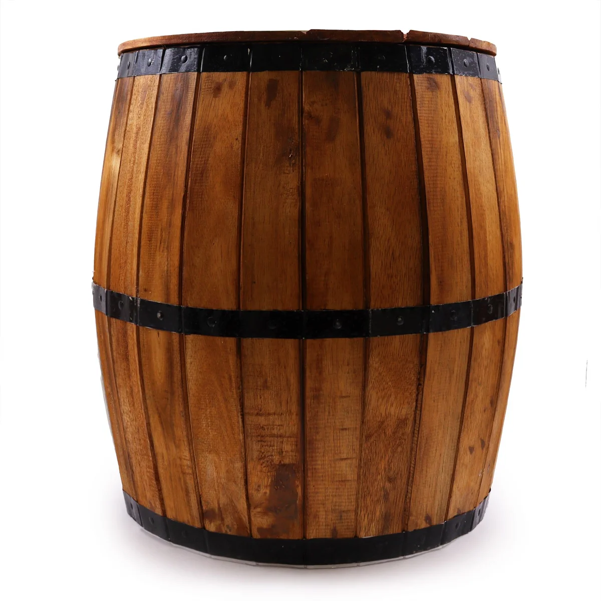 Natural wood beer barrel table with round top, measuring 60 by 48.5 cm, ideal for home or pub use