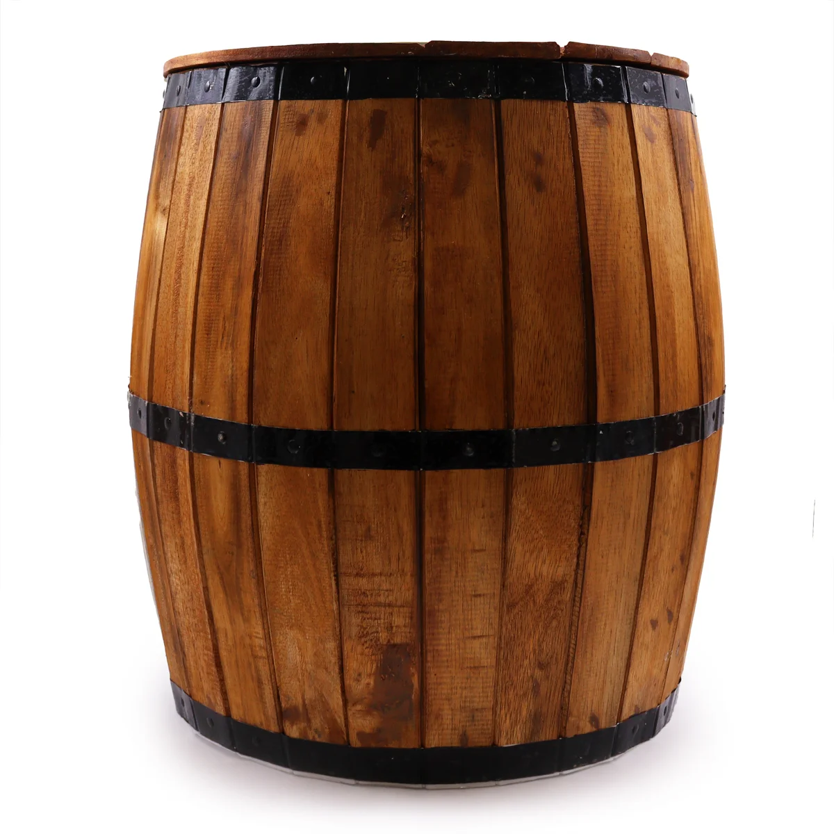 Small wooden table shaped like a beer barrel with natural wood finish, measuring 60 x 48.5 cm