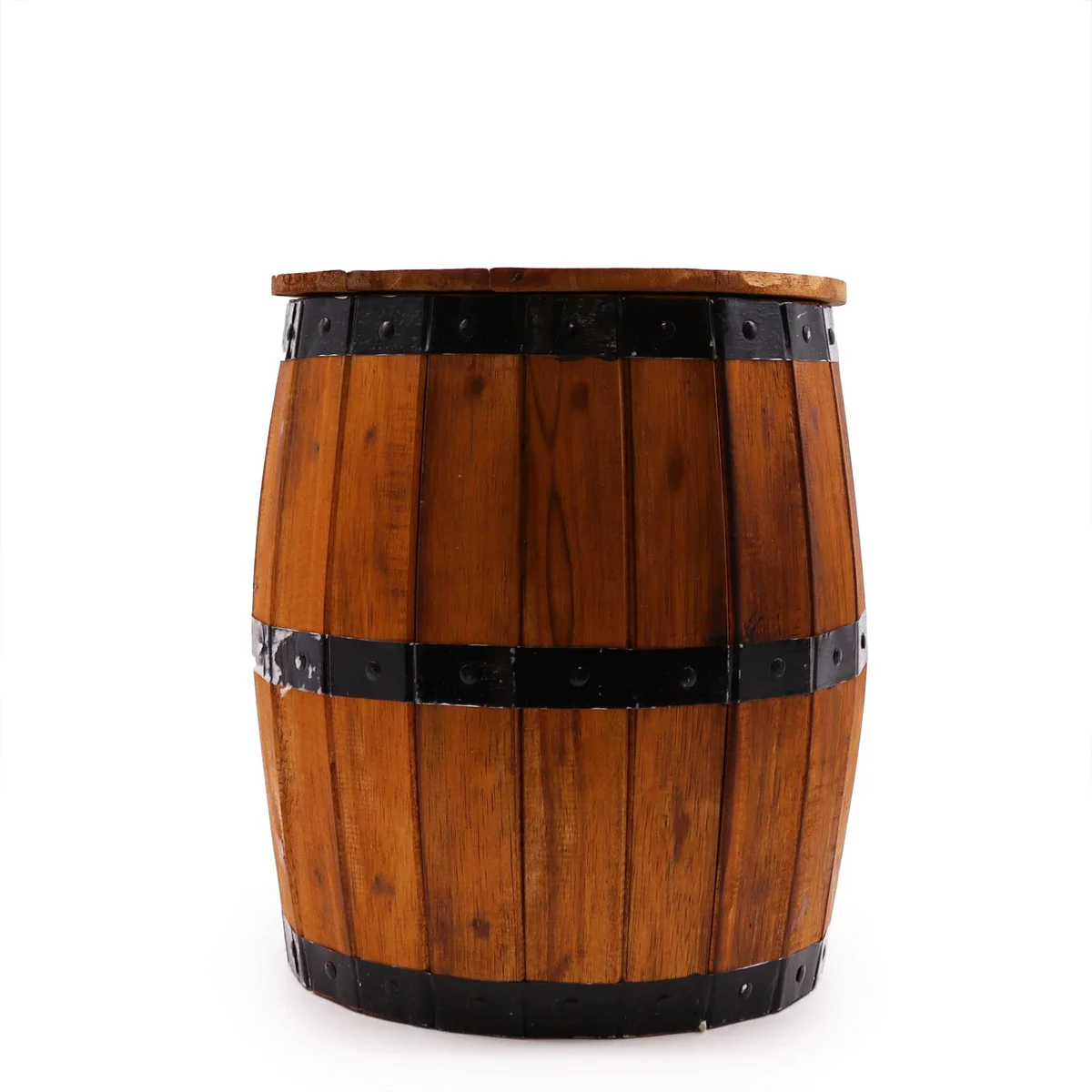 Natural wood beer barrel stool with rounded top and sturdy legs, 38 by 32 cm size for seating or decor