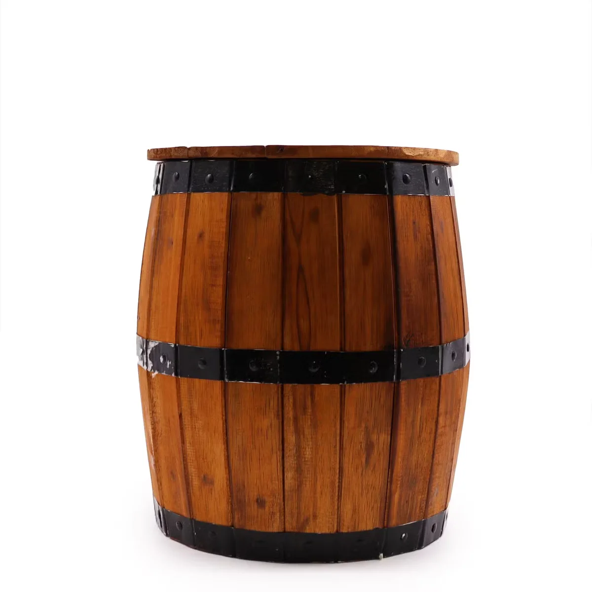 Compact wooden stool shaped like a natural wood beer barrel, measuring 38 by 32 cm, shown from the side.
