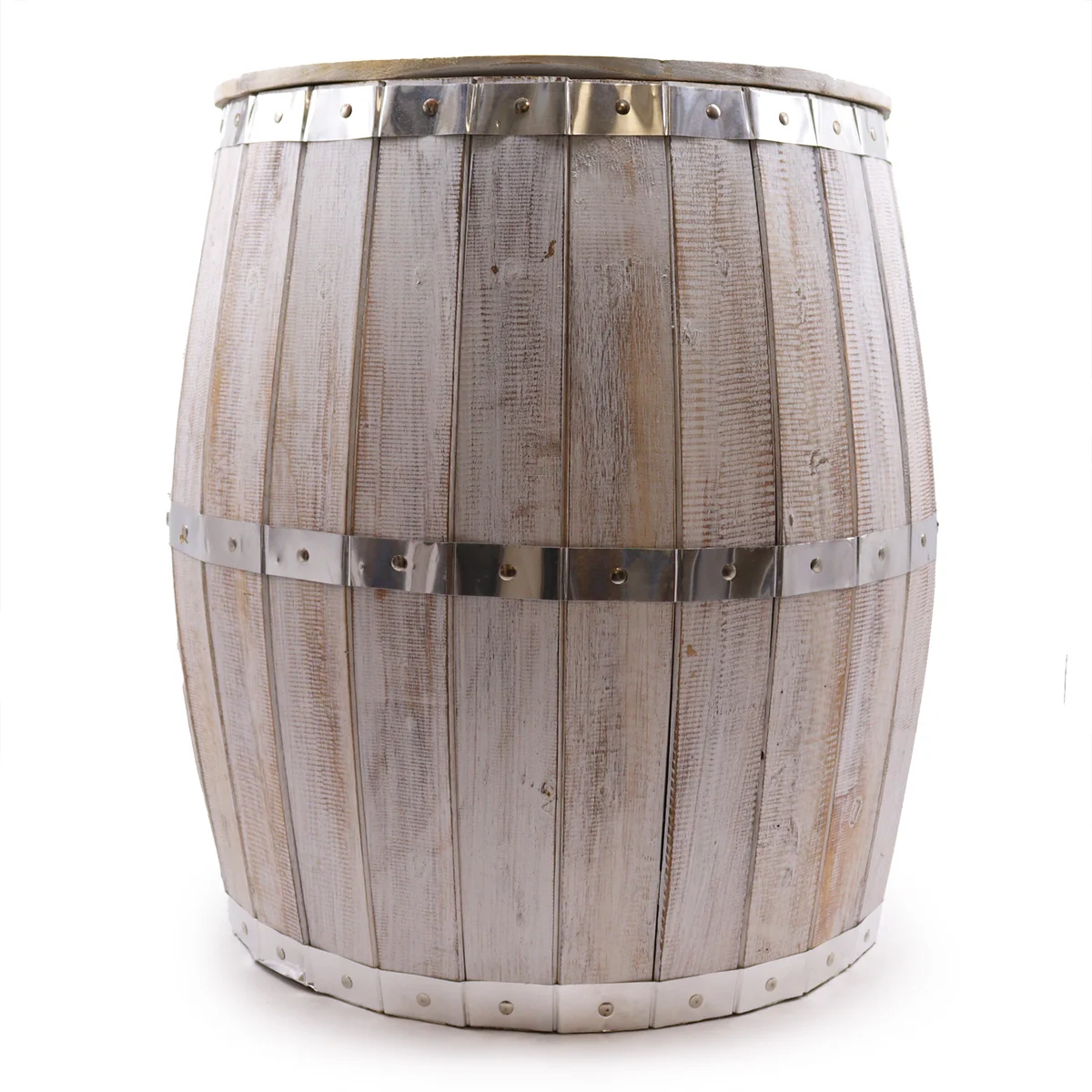 Whitewash wood barrel style table with round top, measuring 60 by 48.5 cm, showing side view and texture details