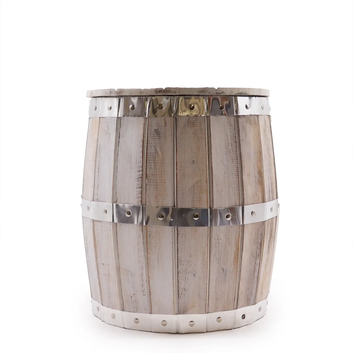 Whitewash wood stool shaped like a beer barrel, measuring 38 by 32 cm with a rustic finish
