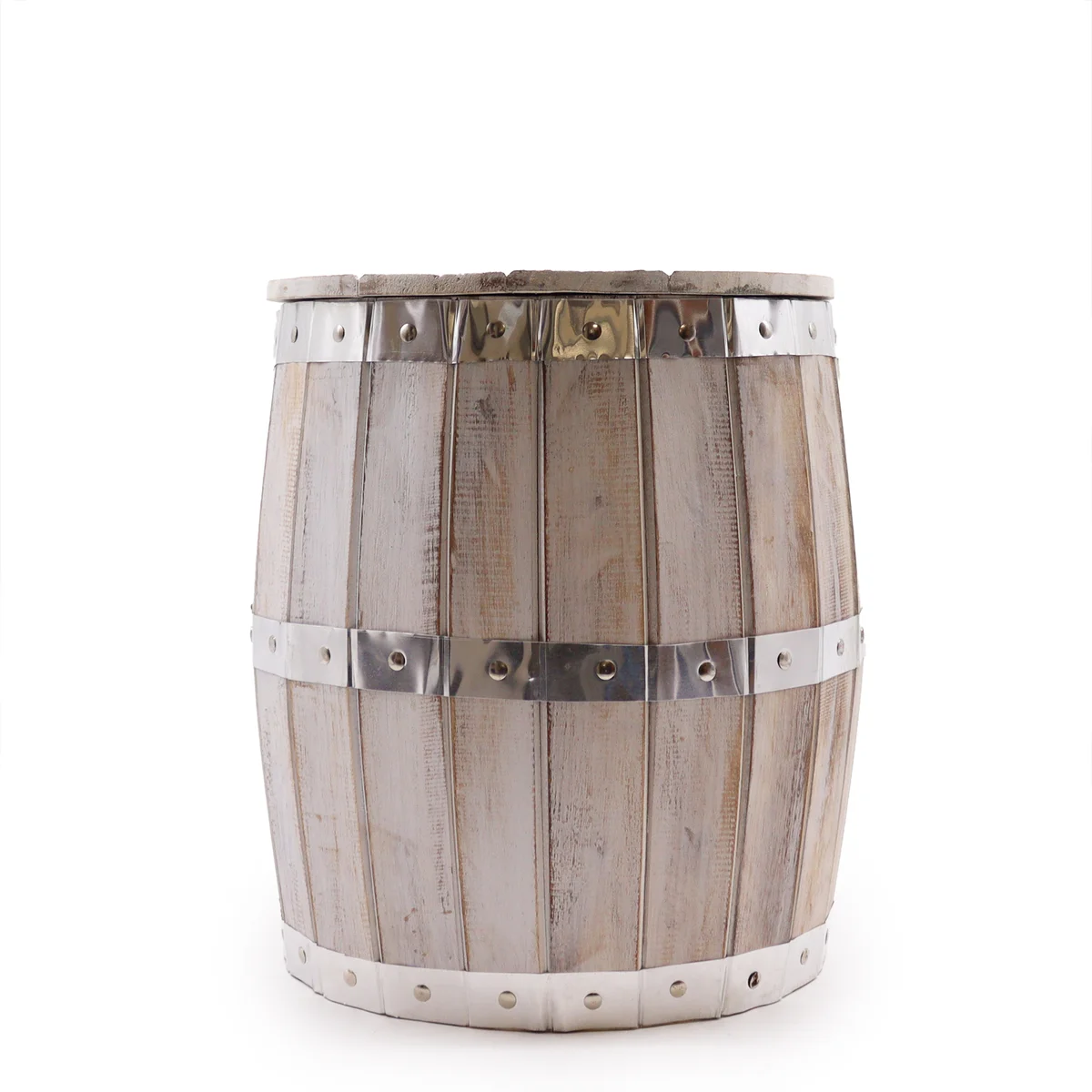 Decorative bar stool with whitewash wood finish shaped like a beer barrel, measuring 38 x 32 cm, side view