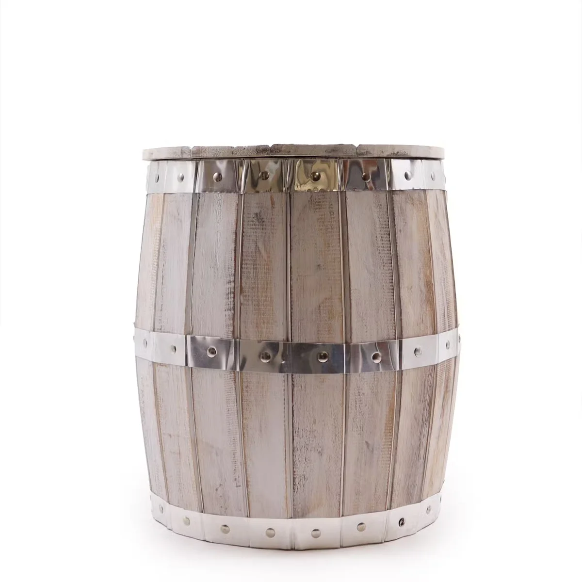 Compact wooden stool shaped like a whitewash beer barrel with 38 x 32 cm dimensions on a plain background