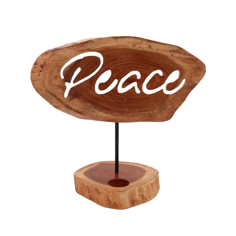 Peace candle holder sign featuring a peace symbol on a metal stand.