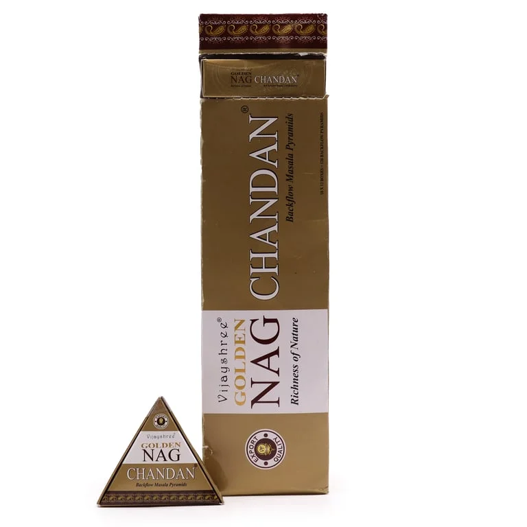 Jumbo golden Nag backflow incense cones displayed upright, with subtle gold tassel, showing natural Chandan scent.