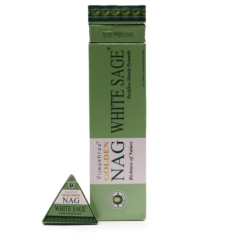 White Sage Incense Cones – 42g jumbo golden Nag cones displayed in a clear jar.