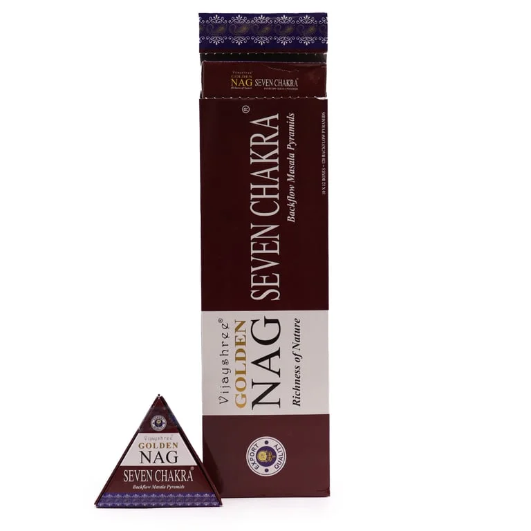 42g Jumbo Golden Nag backflow incense cones – large golden cones with seven‑chakra design.