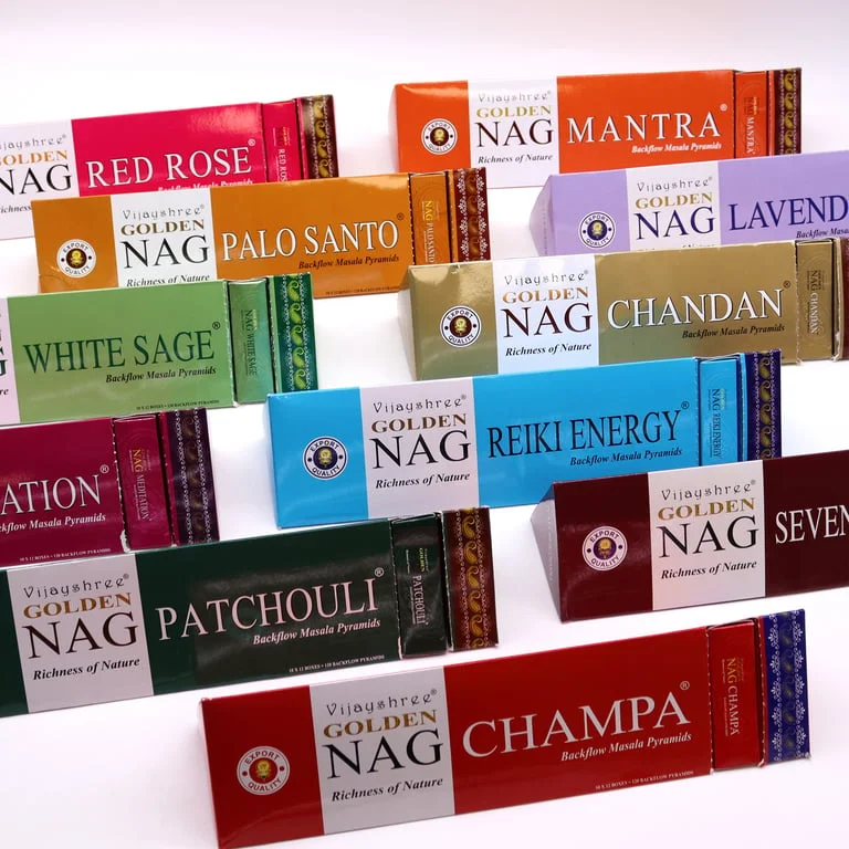 42g jumbo golden incense cones displayed, each shaped like a Nag, sold as seven chakra incense.