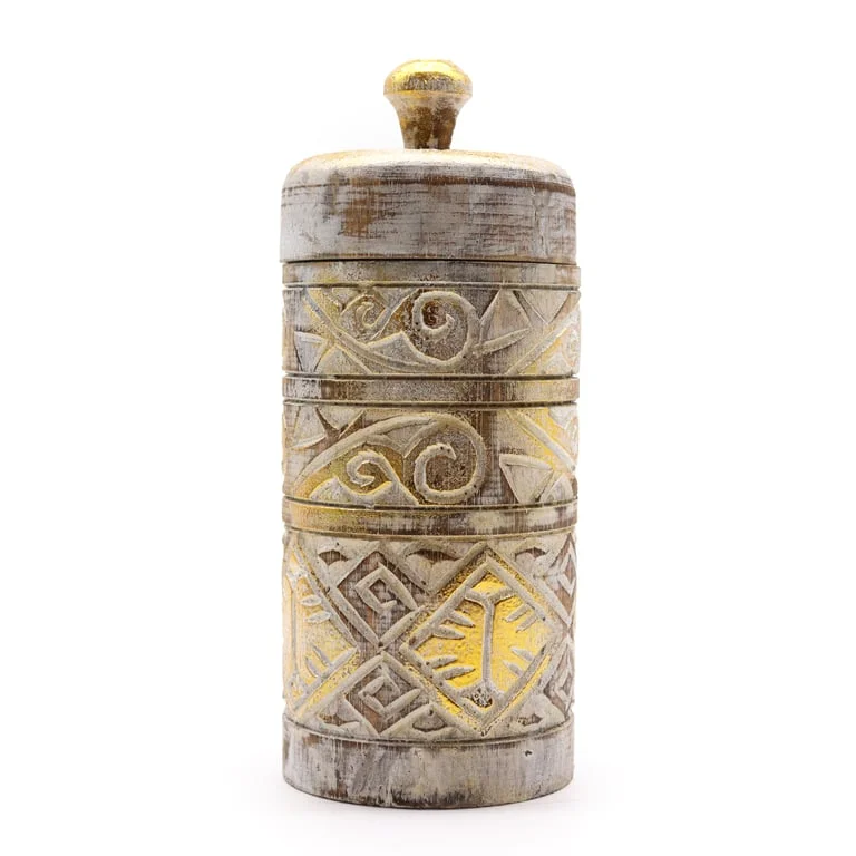 White and gold container with tall, sleek silhouette