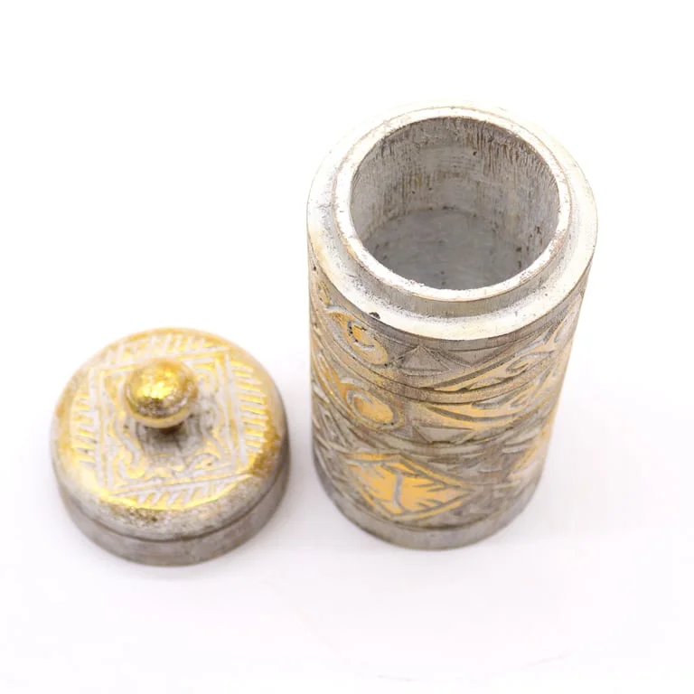 Tall storage container in white with gold accents, sleek metallic design.