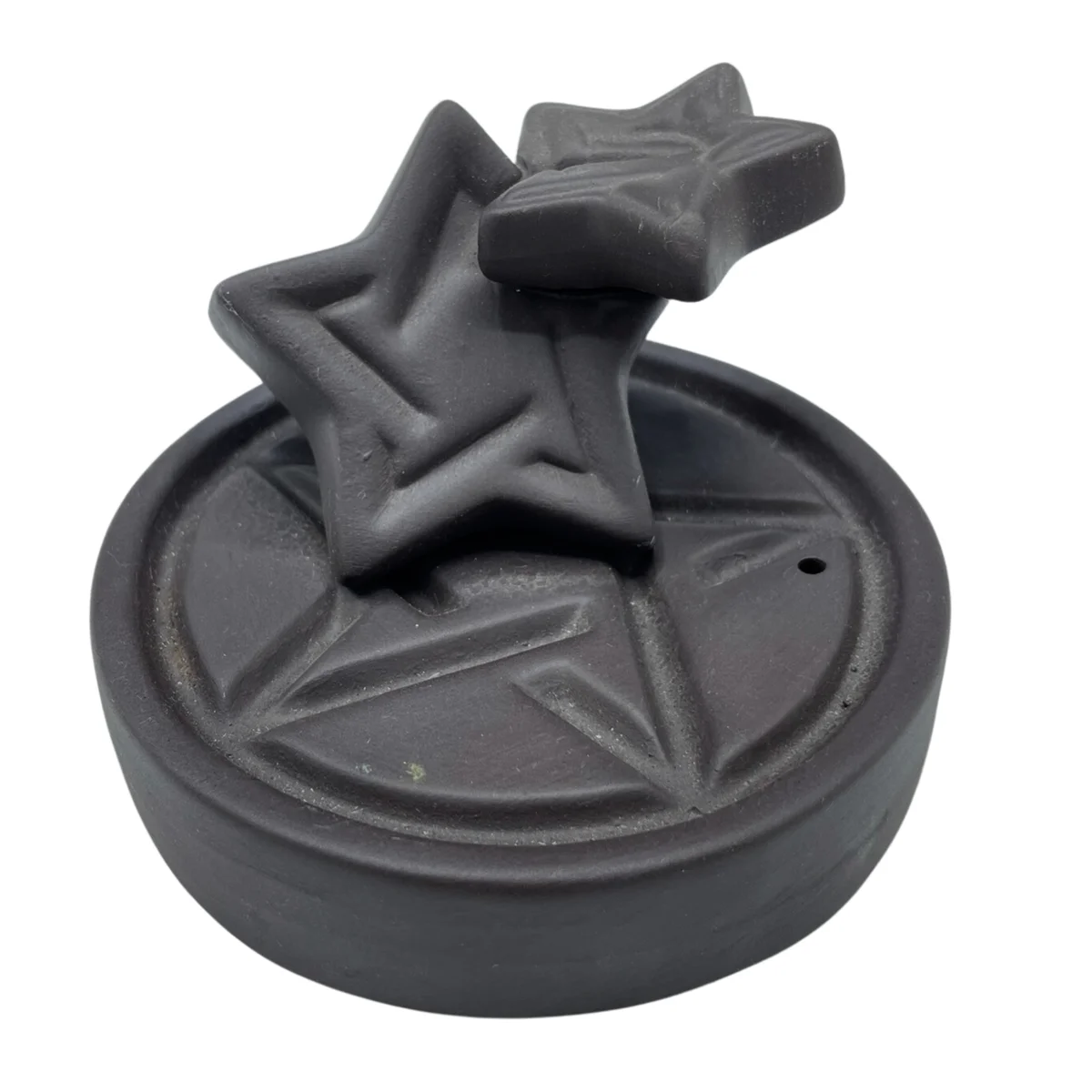 Pentagon Falls backflow incense burner with smoke cascading down, decorative incense holder in dark ceramic design