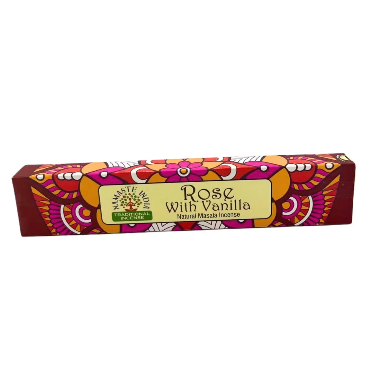 Namaste Mandala Masala aromatic incense sticks in rose with vanilla scent displayed with packaging and incense holder