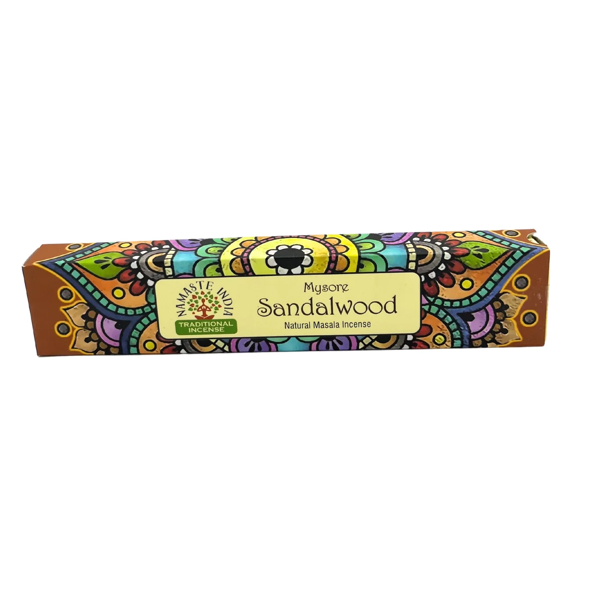 Namaste Mandala Sandalwood masala incense sticks arranged with packaging and aromatic smoke background