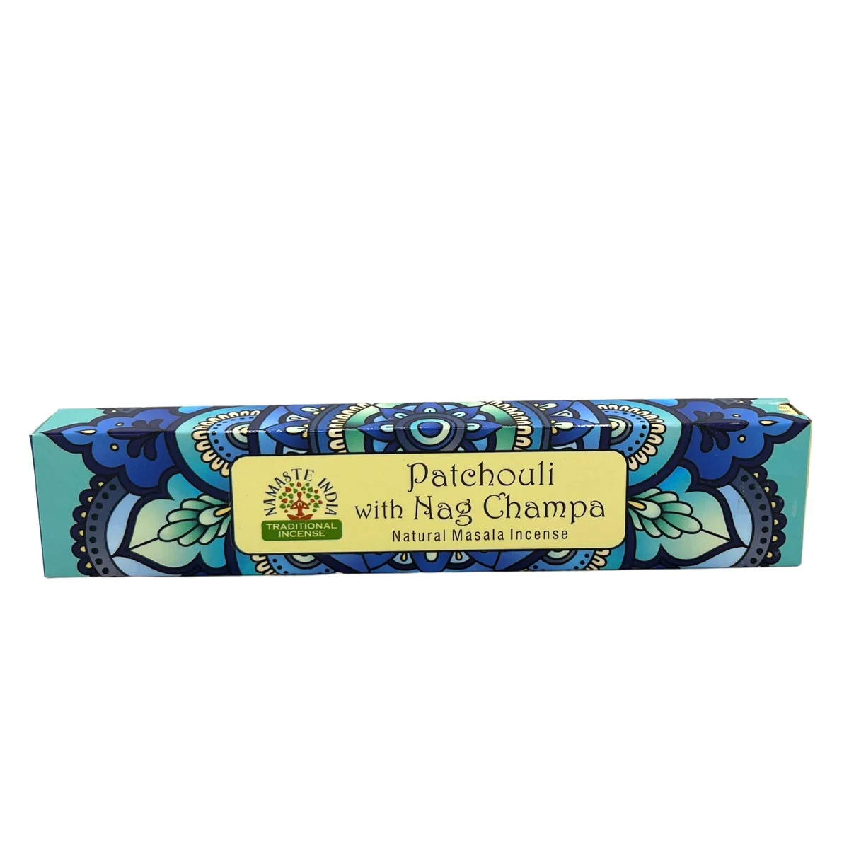 Box of Namaste Mandala Masala Patchouli incense sticks with Nag Champa scent on a white background