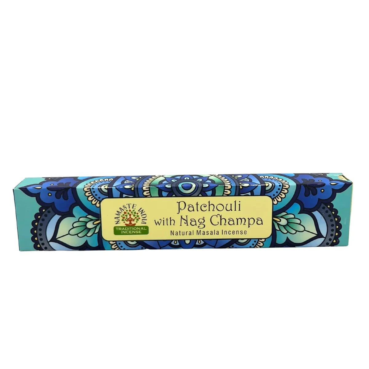 Namaste Mandala Masala incense box with Patchouli and Nag Champa incense sticks displayed alongside packaging