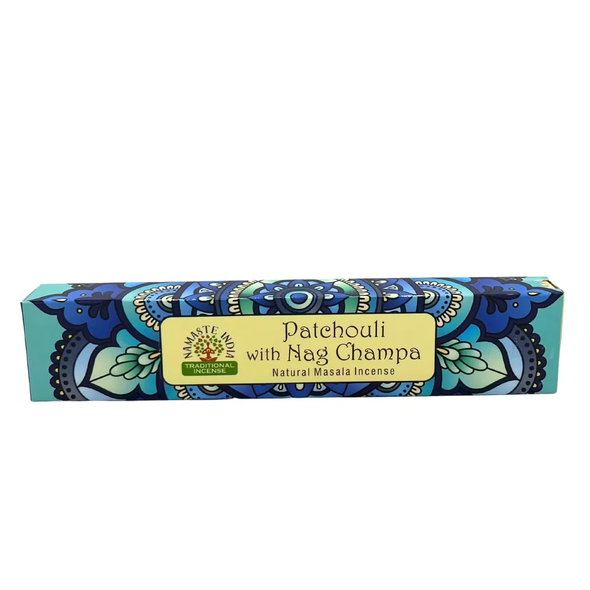 Namaste Mandala incense box with Patchouli and Nag Champa scent, showing packaging design and branding details