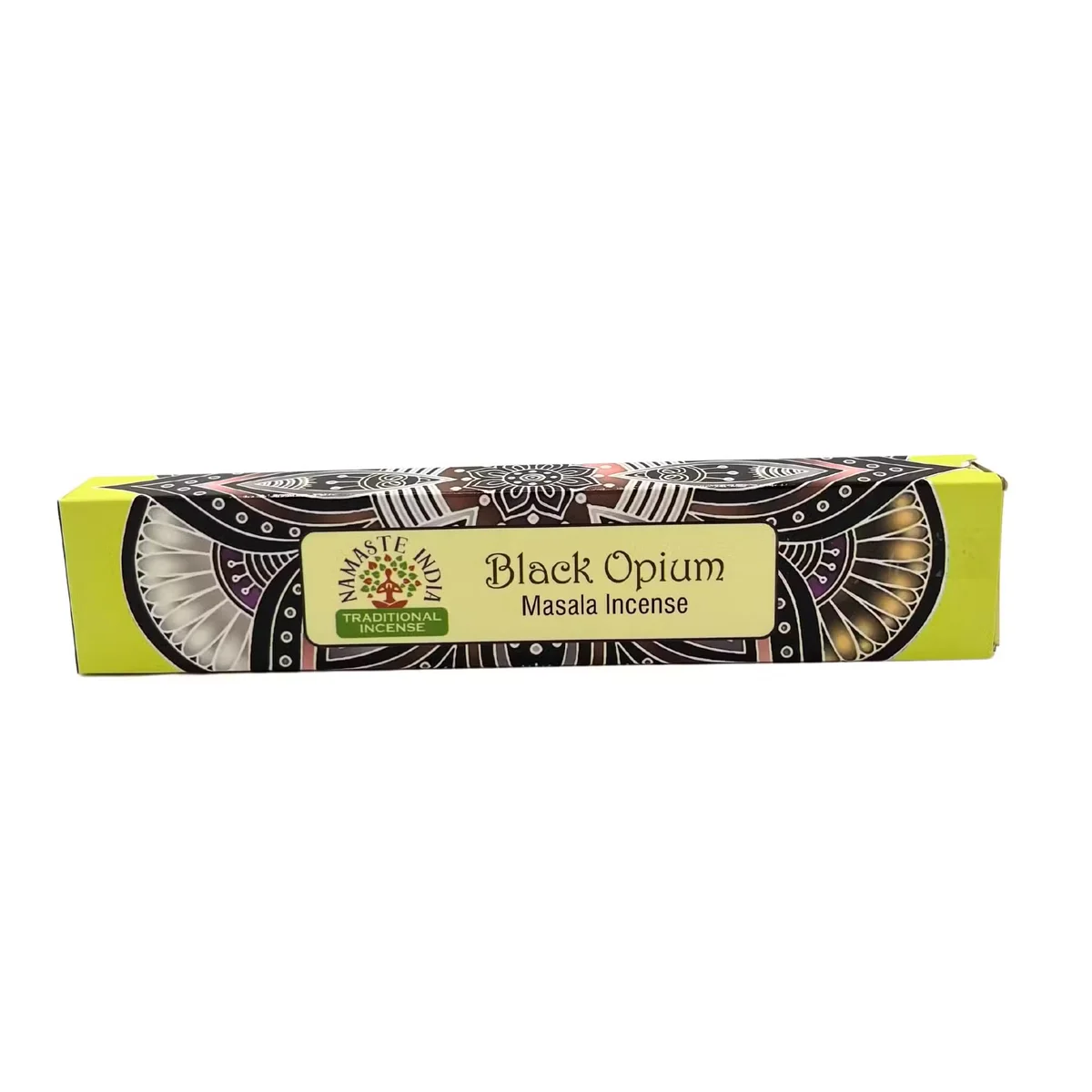 Namaste Mandala Masala natural incense sticks Black Opium packaging with sticks arranged beside it on white background