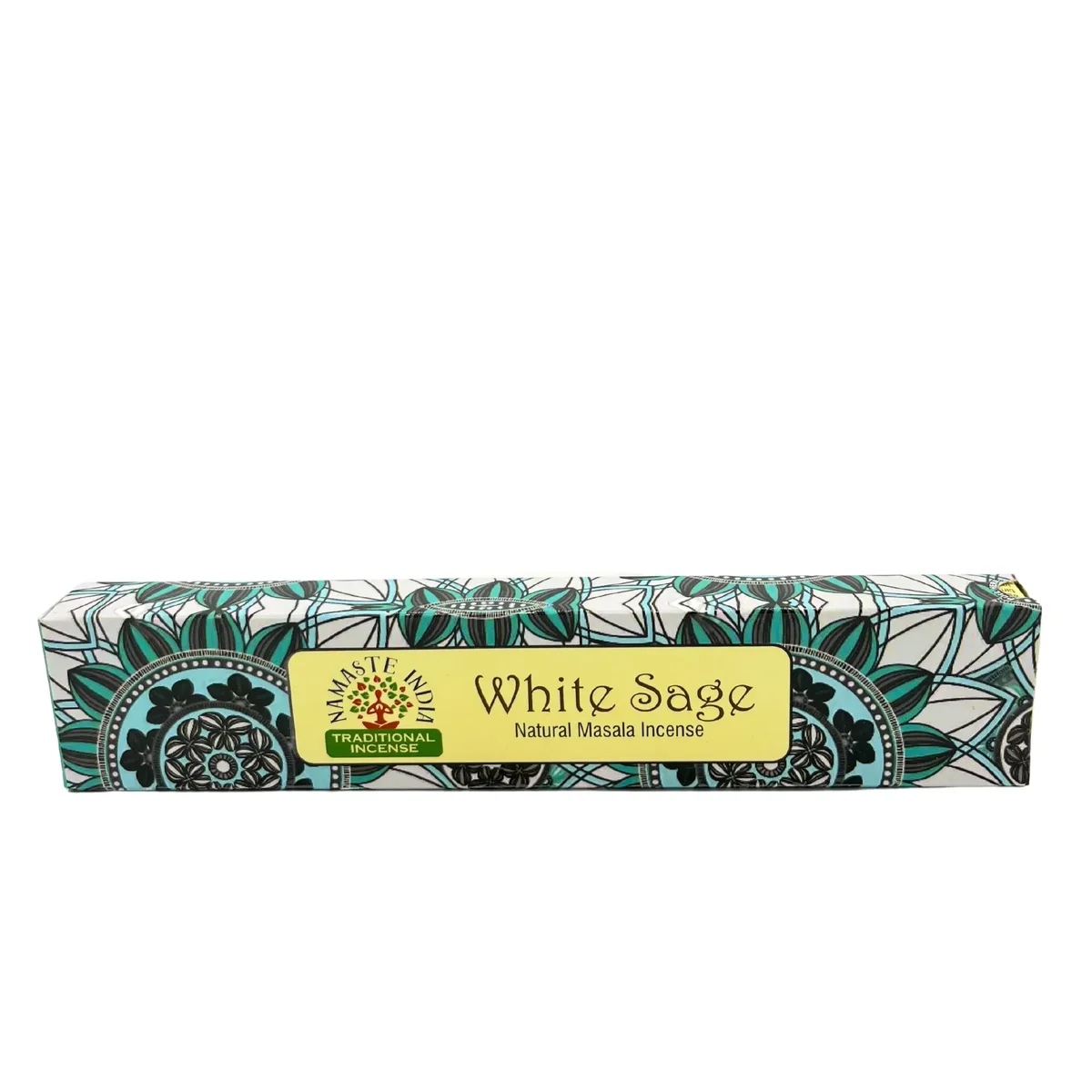 Namaste Mandala Incense box with white sage scent, showing packaging design and incense sticks inside.