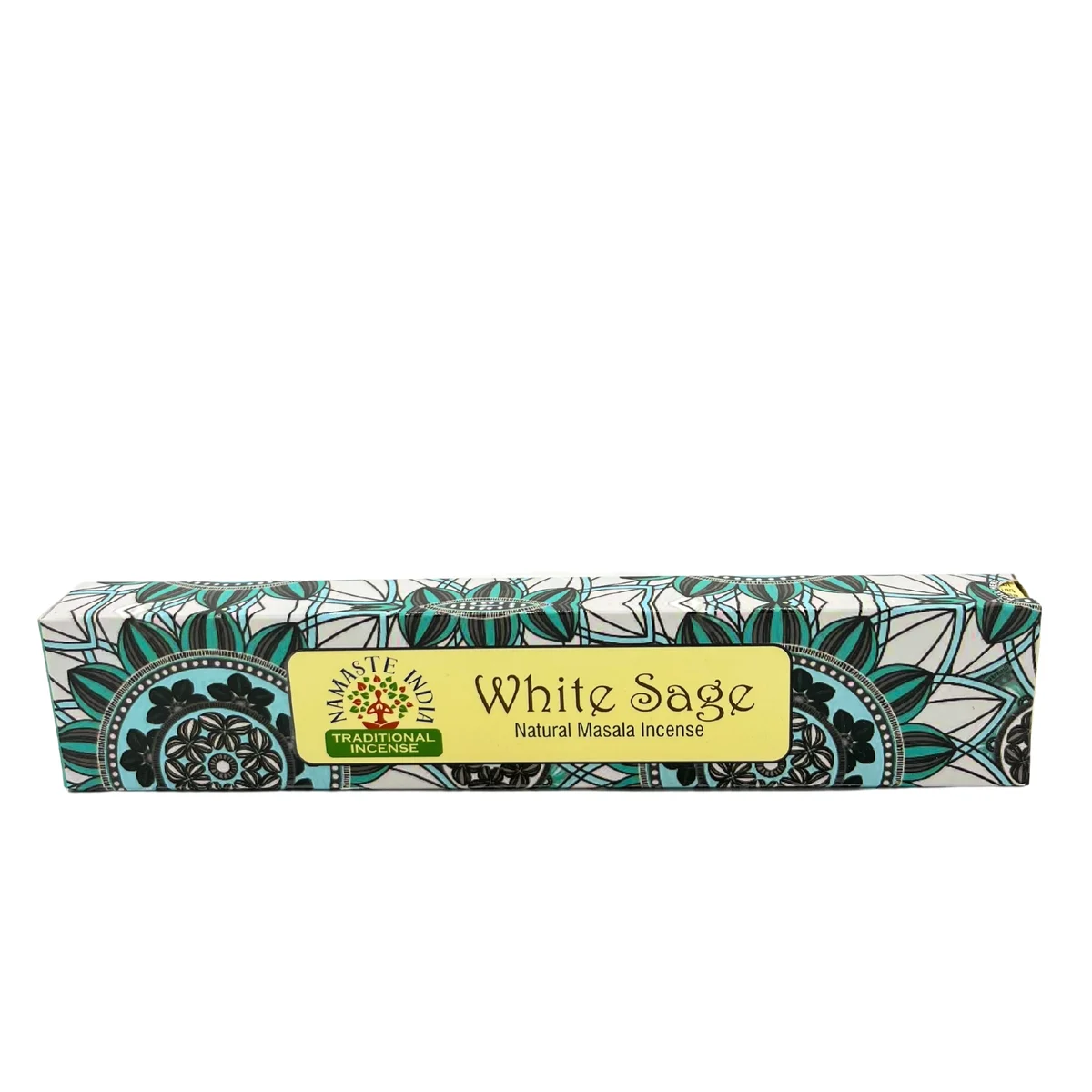 Namaste Mandala Masala Incense sticks in White Sage scent with decorative packaging on a plain background
