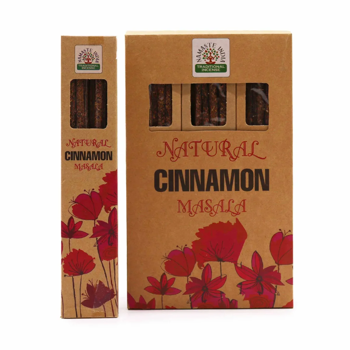 Box of natural botanical masala incense sticks with cinnamon scent displayed on a white background