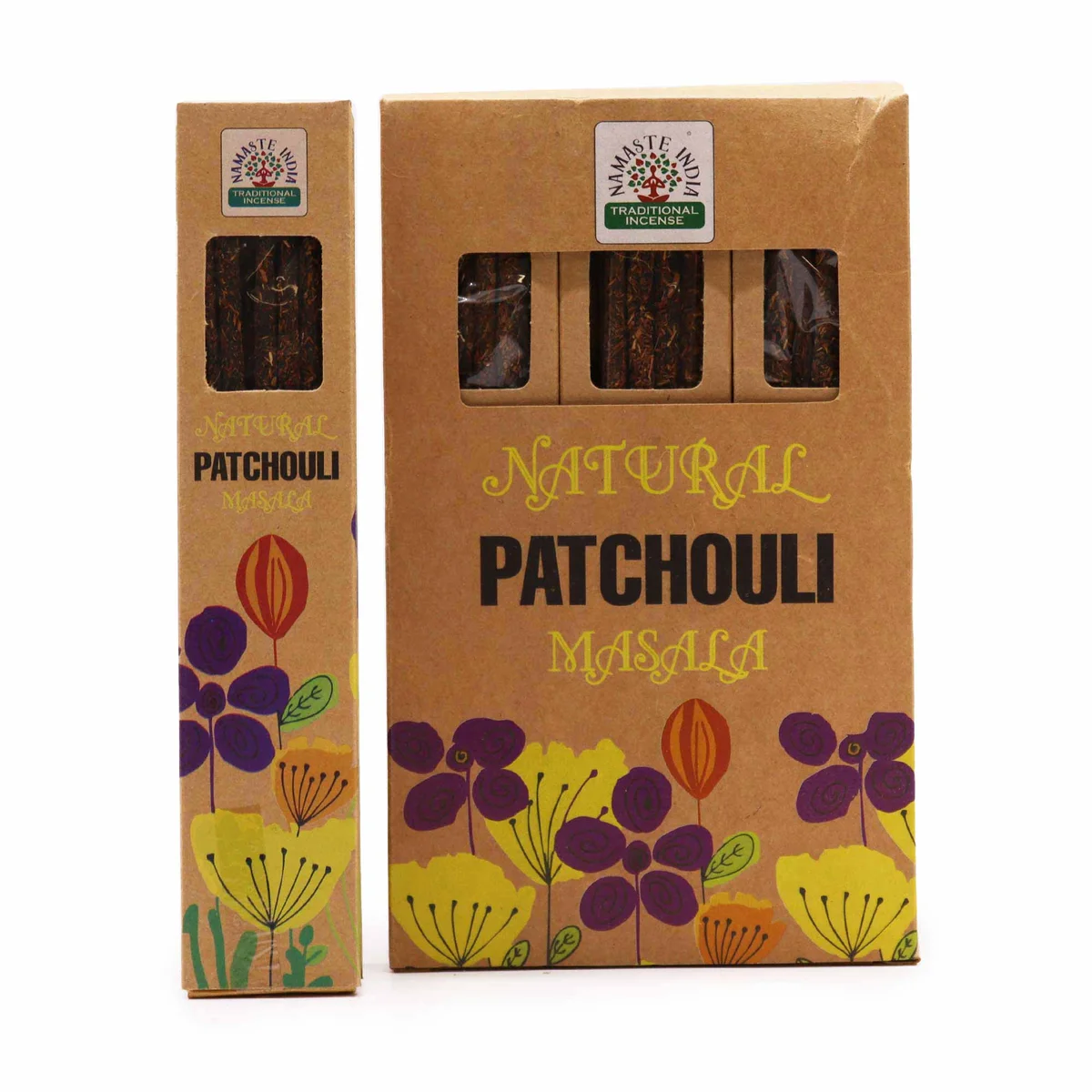 Natural Botanical Masala Patchouli incense sticks arranged with green leaves on a white background, showing botanical incense sticks packaging