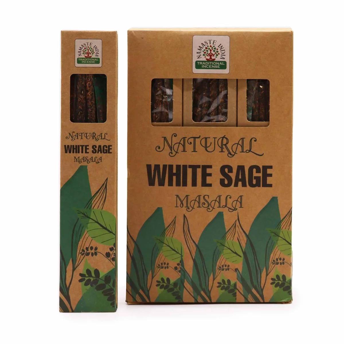 Pack of Natural Botanical Masala white sage incense sticks with decorative packaging on a white background