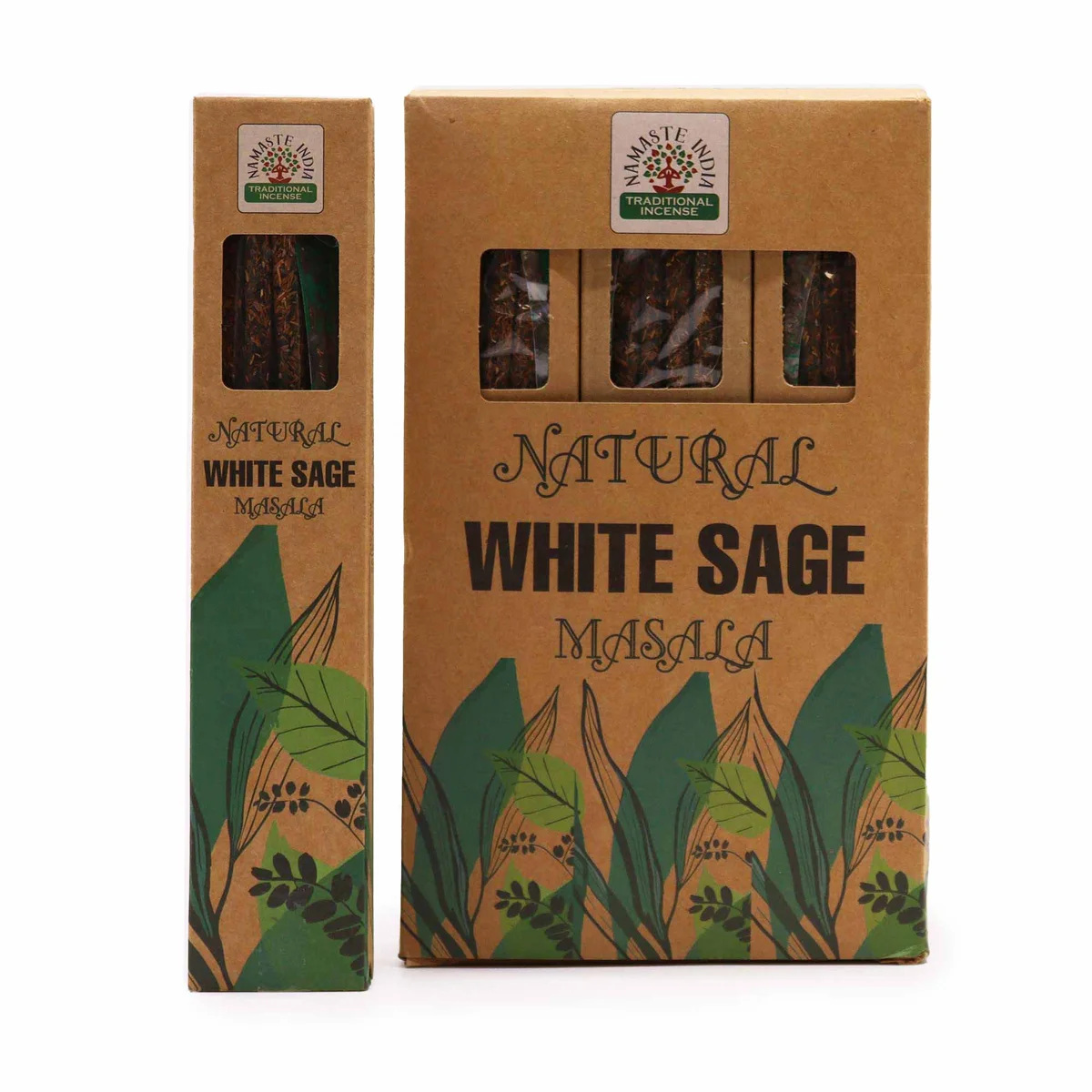Natural Botanical Masala Incense sticks in white sage scent displayed on a wooden surface with soft lighting