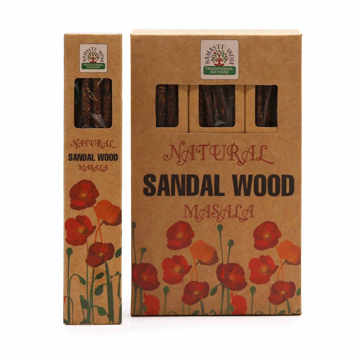 Box of Natural Botanical Masala Incense sticks with sandalwood scent on a plain white background