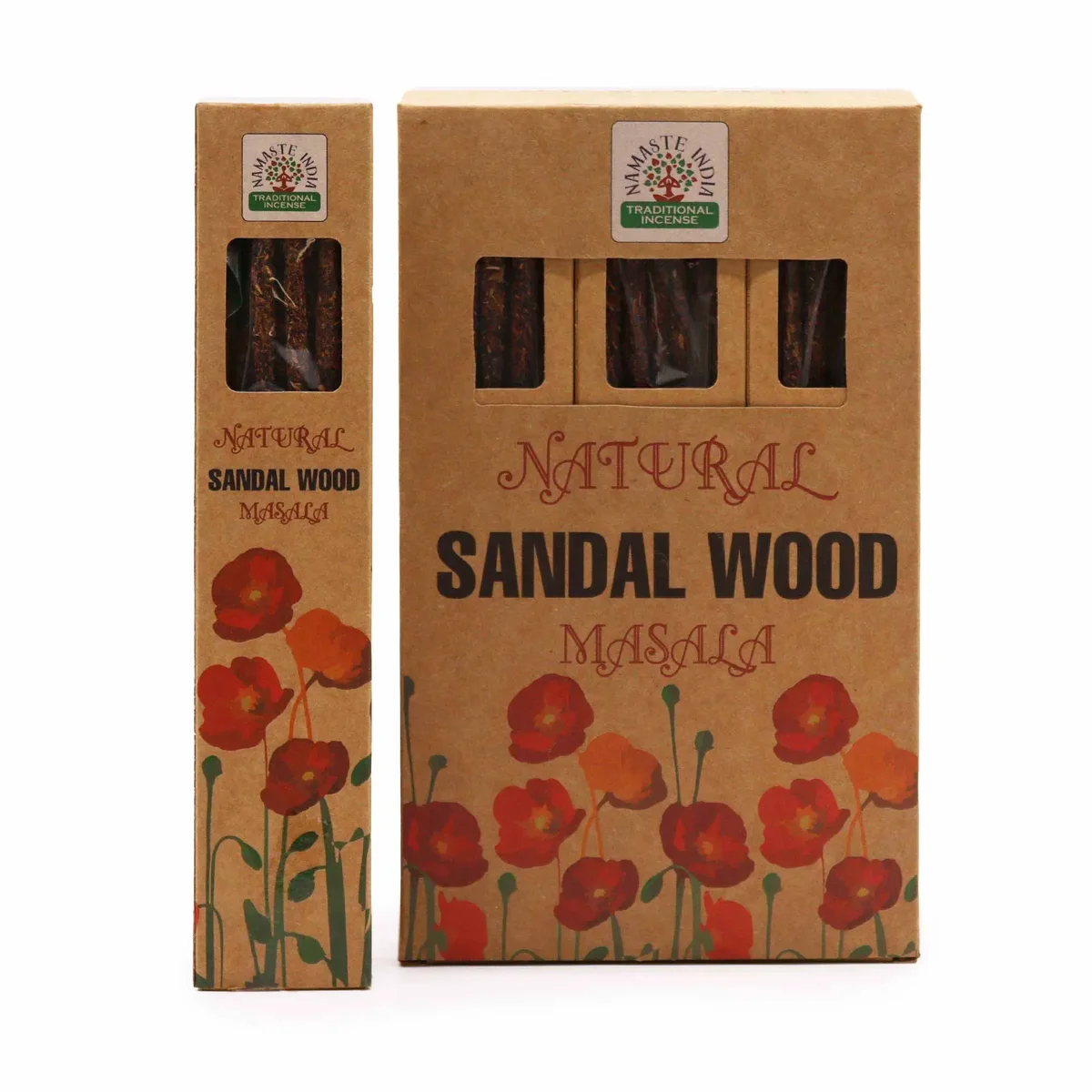 Box of Natural Botanical Masala Incense with sandalwood scent sticks arranged beside packaging on white background