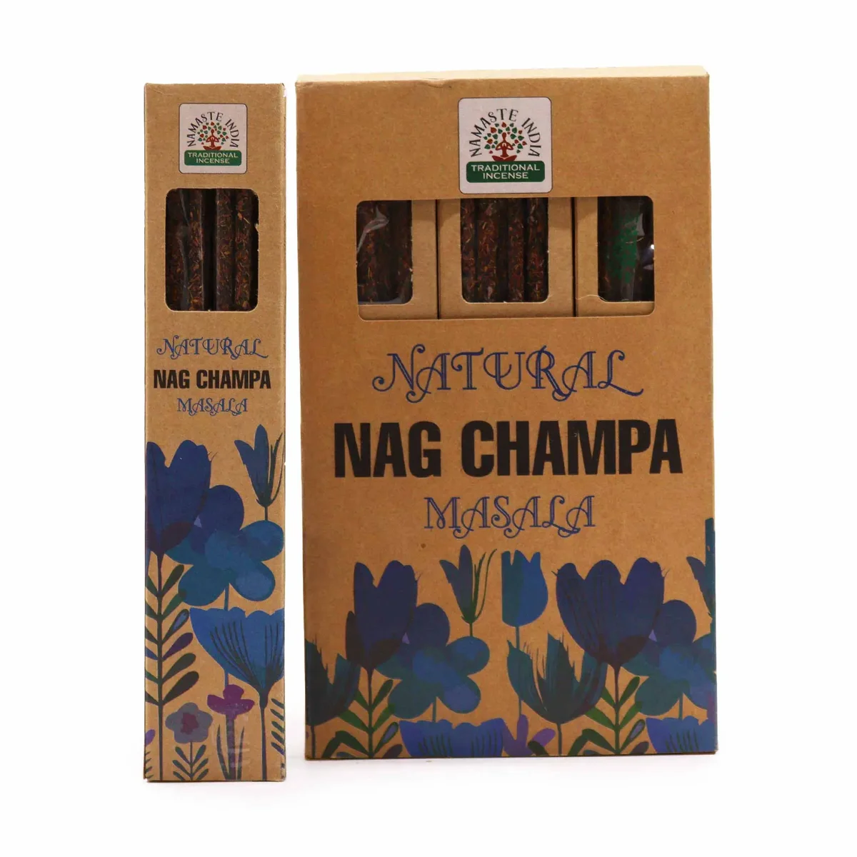 Box of Natural Botanical Masala Incense sticks in Nag Champa scent with floral and earthy packaging design