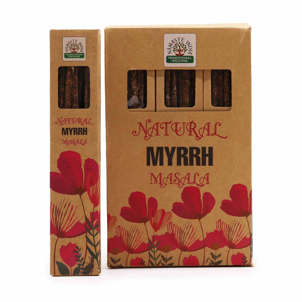 Natural botanical masala myrrh incense sticks arranged on a wooden surface with soft lighting