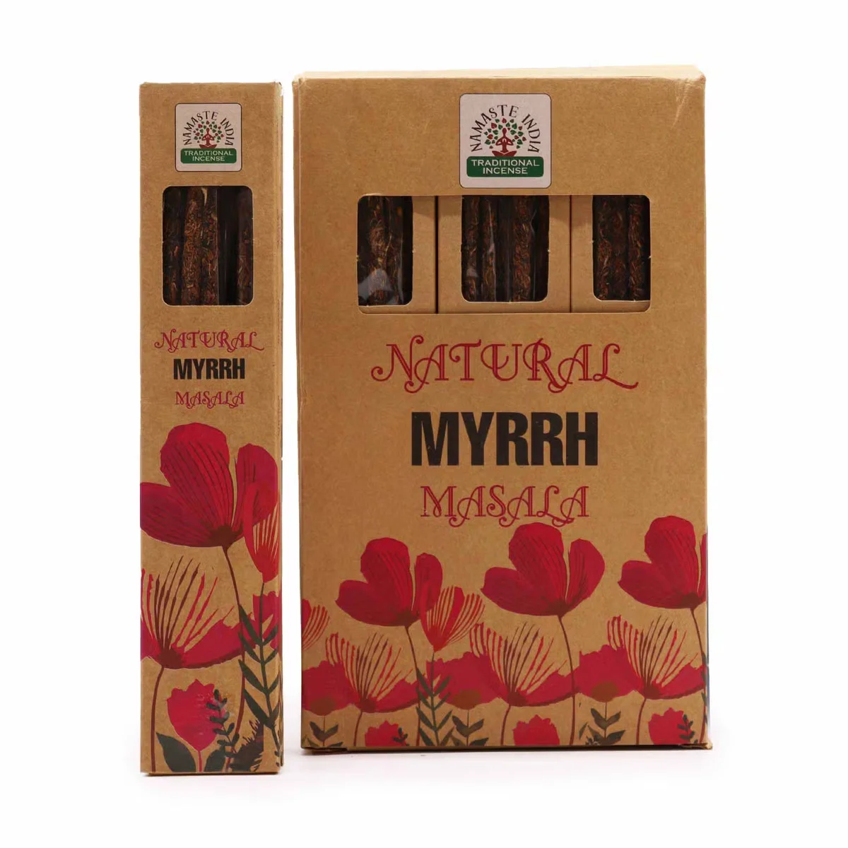 Natural botanical masala incense sticks in myrrh scent, arranged with dried botanicals on a white background