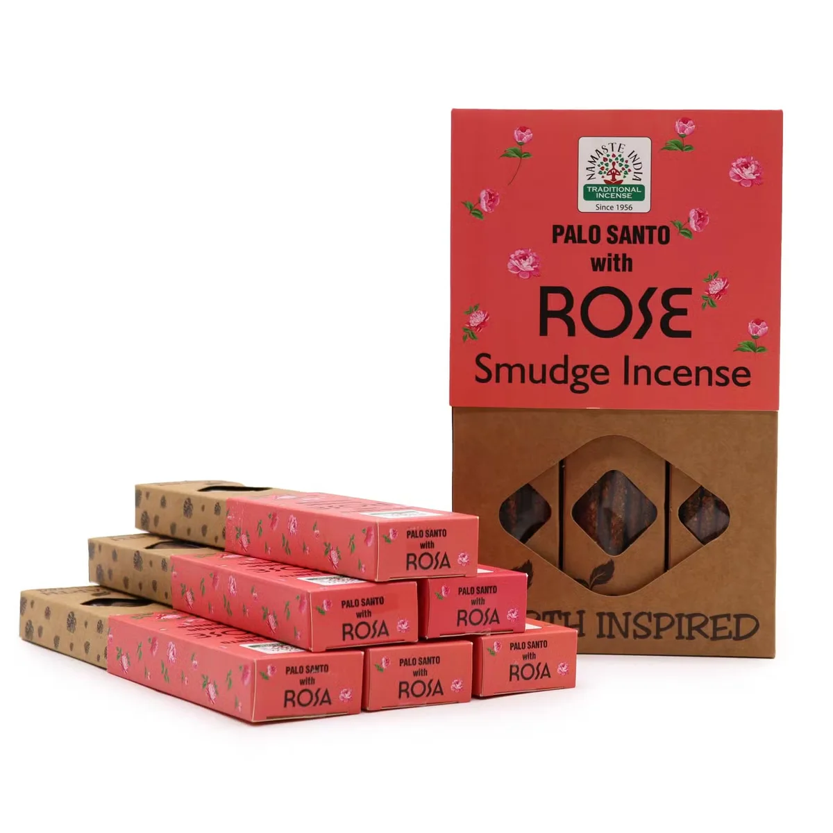 Earth Inspired Smudge Incense sticks with natural incense rose scent arranged on a wooden surface with dried rose petals