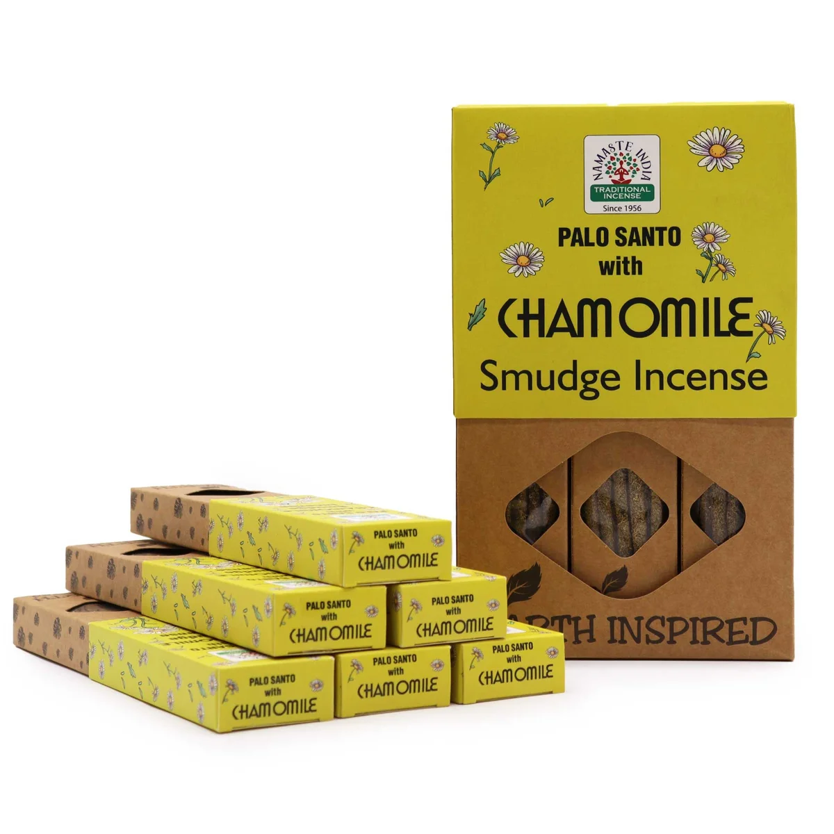 Bundle of Earth Inspired chamomile smudge incense sticks with natural earthy tones on white background