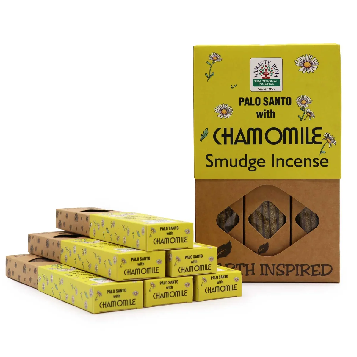 Earth inspired incense sticks with chamomile scent displayed on a wooden surface with natural decor elements