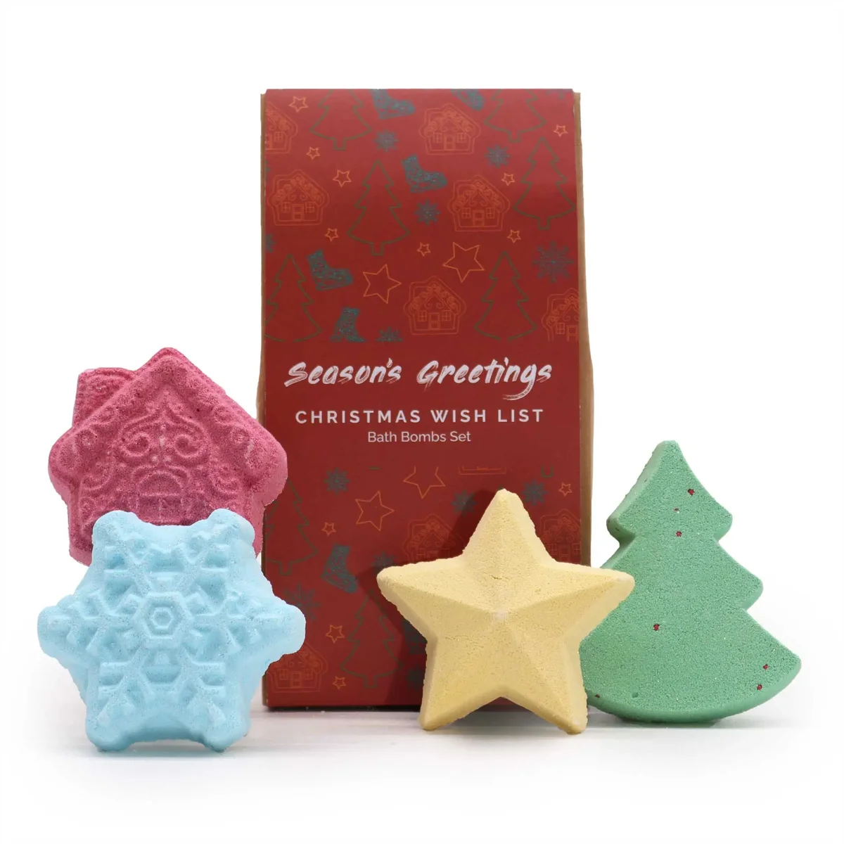 Festive holiday bath bomb set with Christmas-themed colors and packaging in a gift pack arrangement
