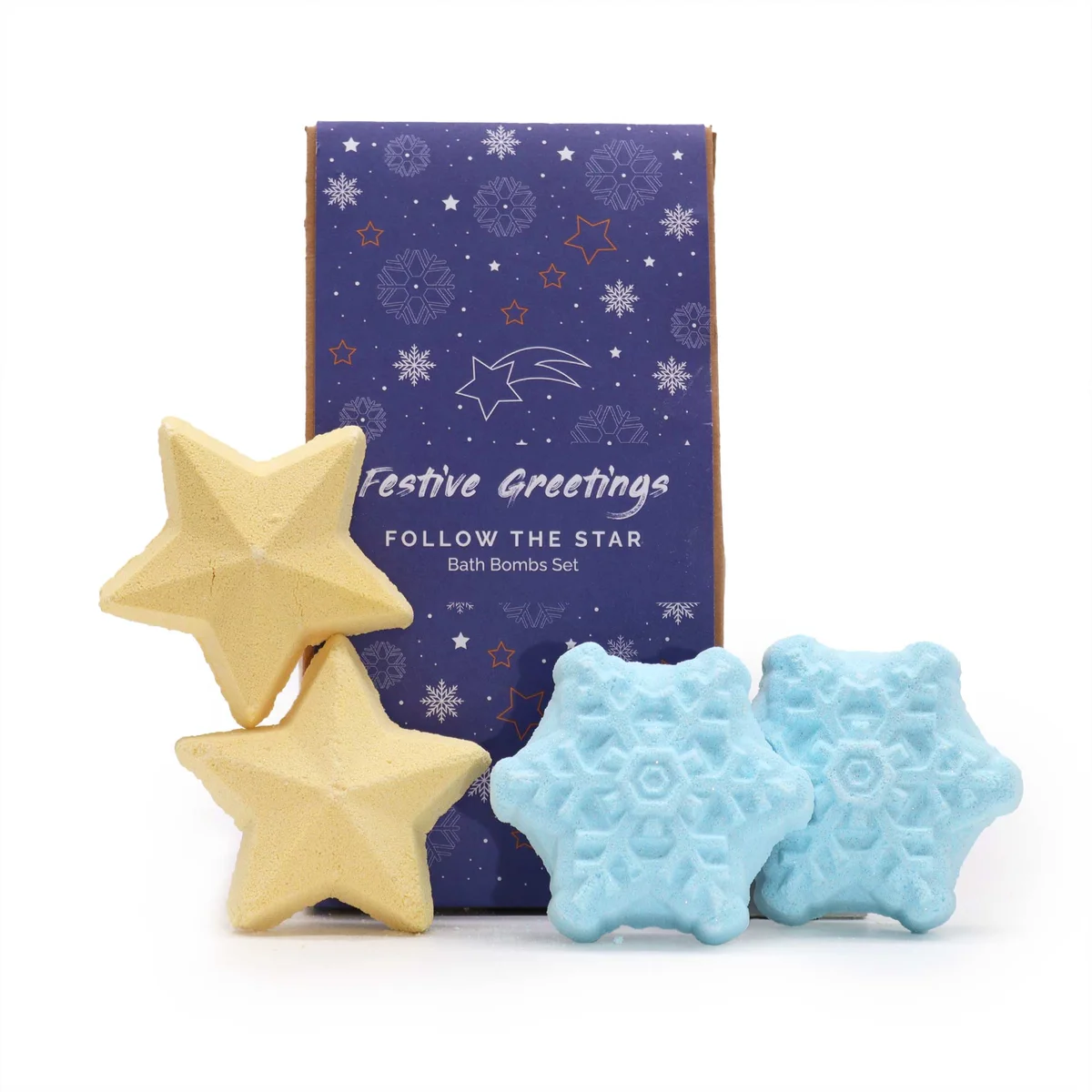 Follow the Star Christmas Bath Bomb Gift Pack showing colorful bath bombs in festive holiday bath gift set packaging