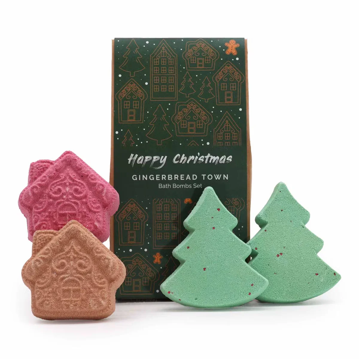 Three gingerbread bath bombs in festive shapes from the Gingerbread Town Christmas Bath Bomb Gift Pack