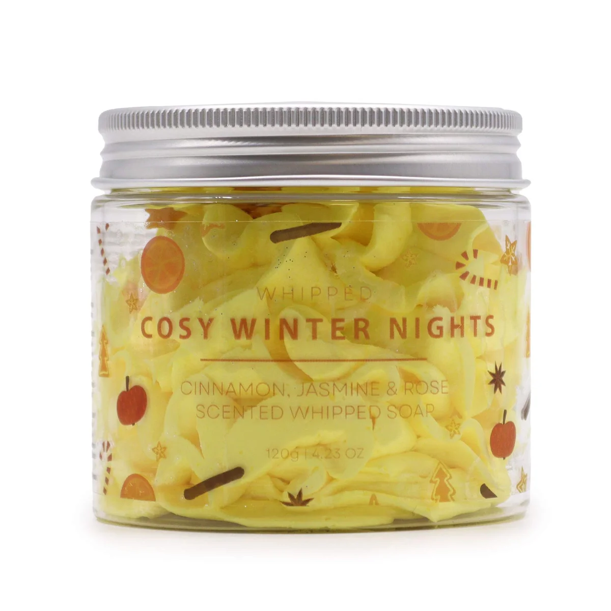 Jar of Cosy Winter Nights whipped soap 120g with creamy texture and winter-themed label on a plain background
