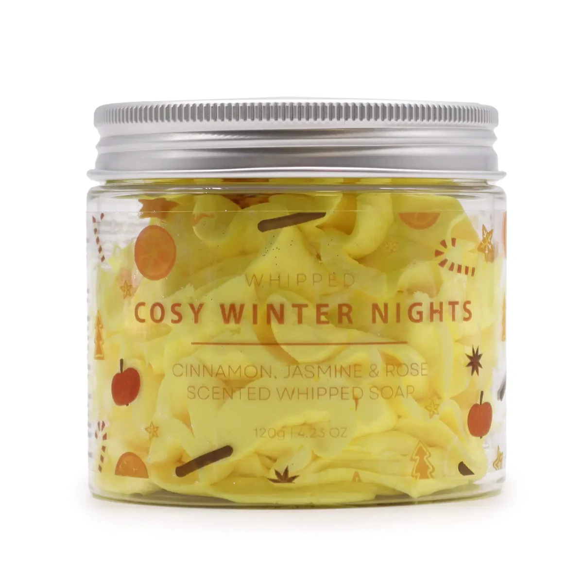 Jar of Cosy Winter Nights winter soap whipped soap 120g with creamy texture and winter-themed label