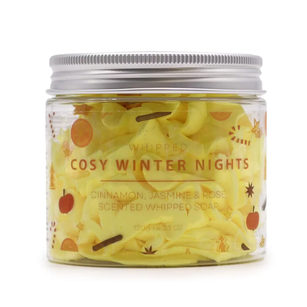 Cosy Winter Nights Whipped Soap 120g jar with creamy texture, labelled as moisturising soap for winter care