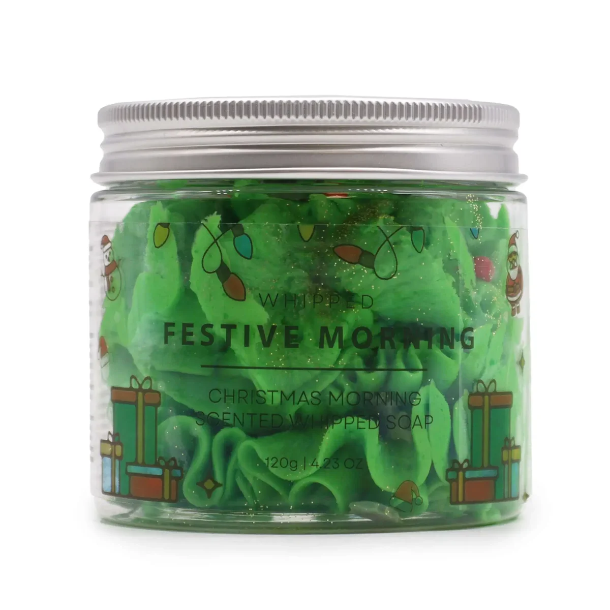 Festive Morning Whipped Soap 120g in a white jar with festive-themed label on a plain background