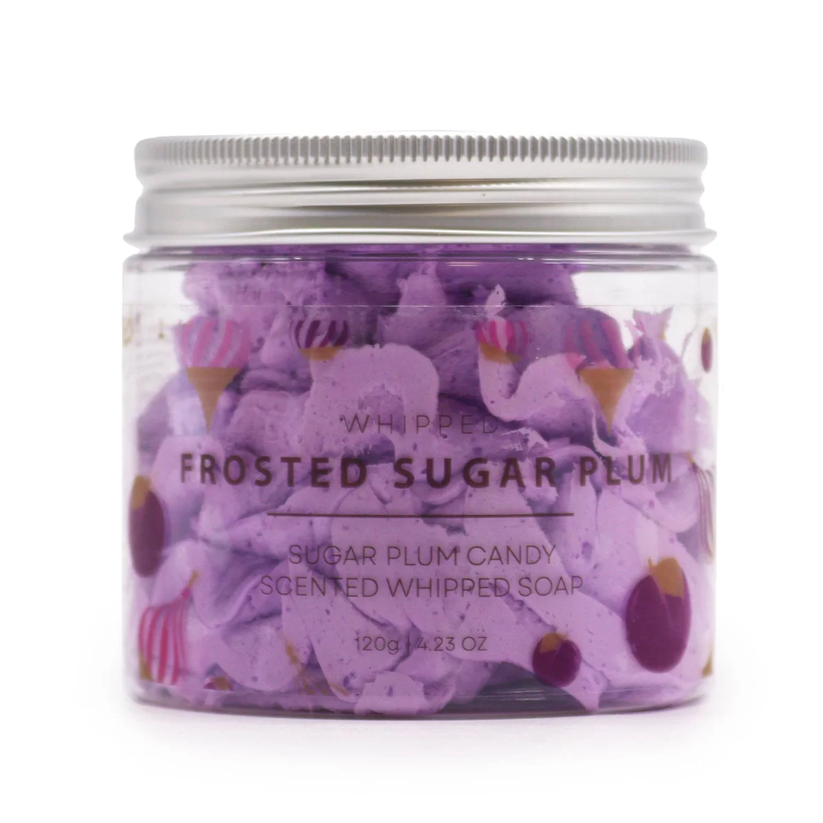 Frosted Sugar Plum whipped soap 120g in a clear jar with purple and white swirled texture and silver lid