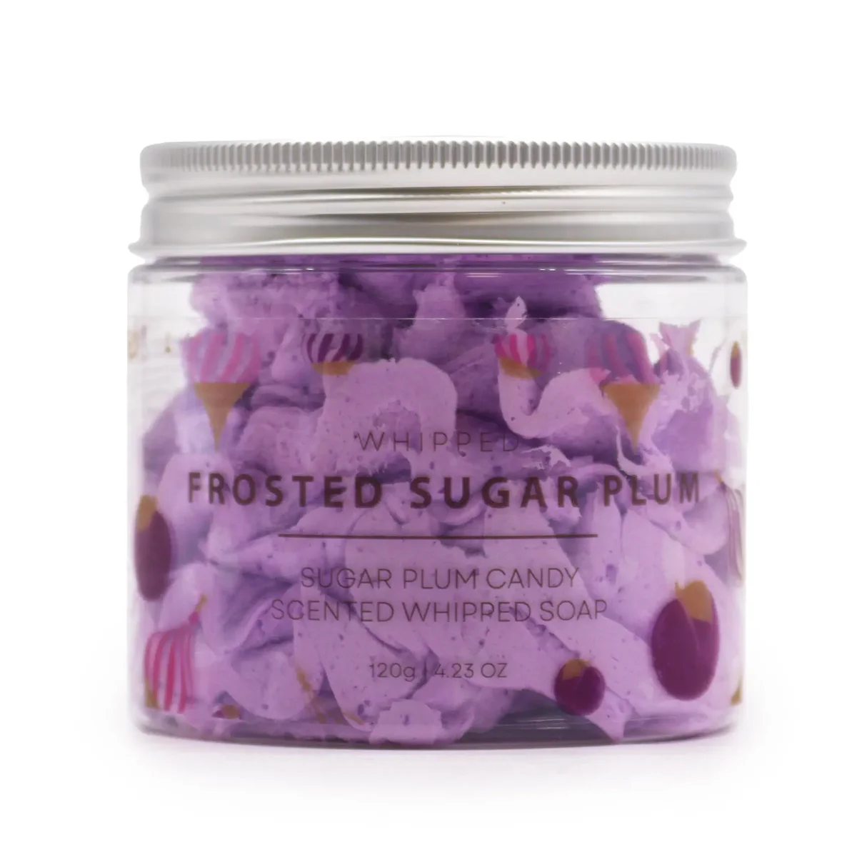 Frosted sugar plum soap in a 120g jar with whipped texture and soft pastel purple color on a white background