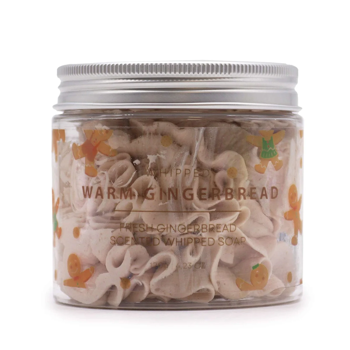 Jar of Warm Gingerbread Whipped Soap 120g with creamy texture and warm gingerbread scent on white background