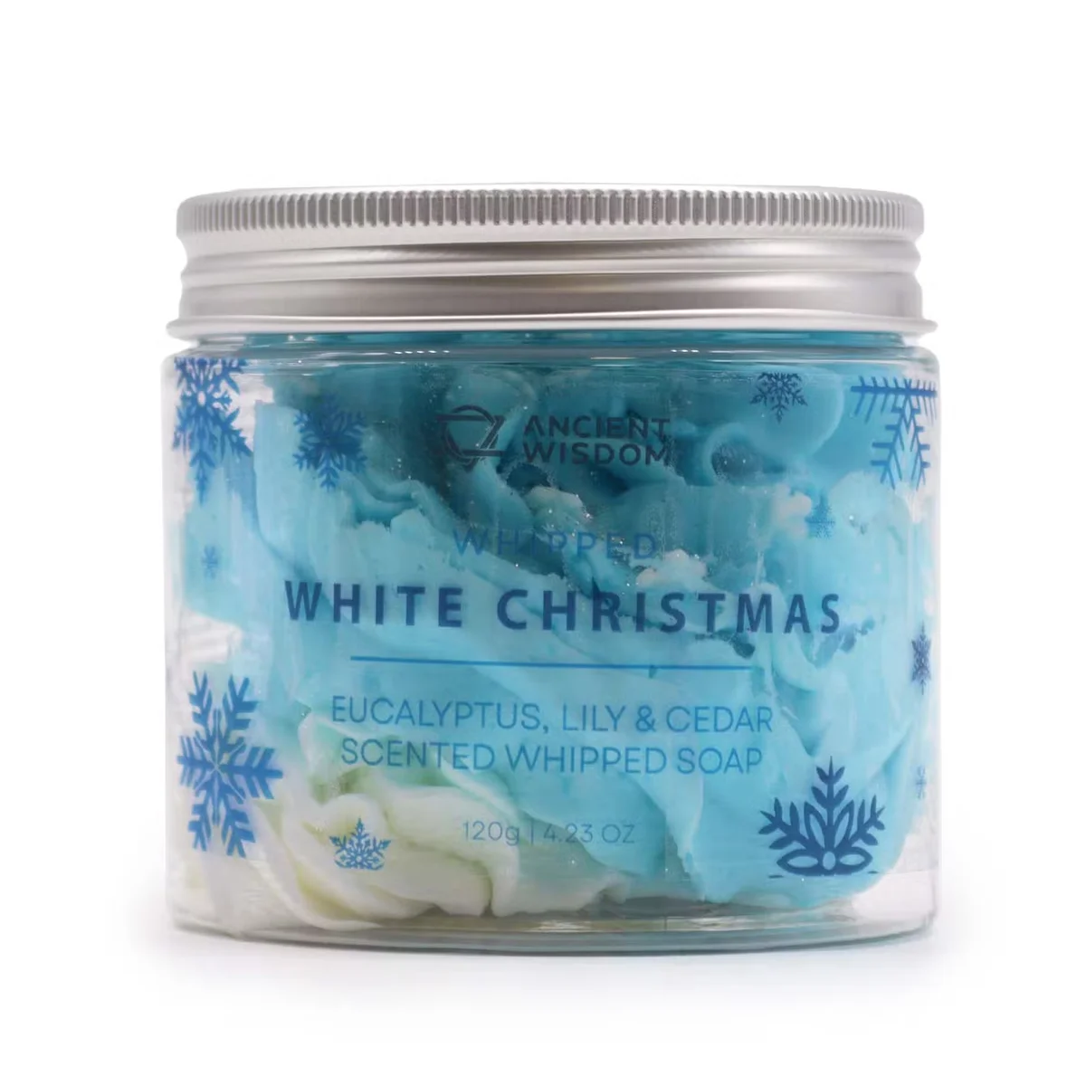 White Christmas Whipped Soap 120g jar with creamy texture, festive body soap for holiday skincare routine