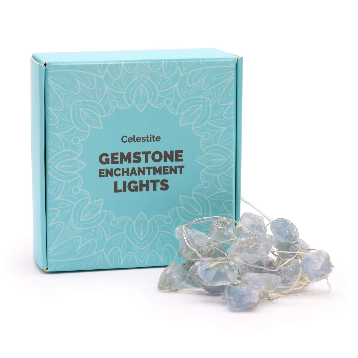 Celestite gemstone light with soft glowing blue crystals on a decorative string of enchantment lights