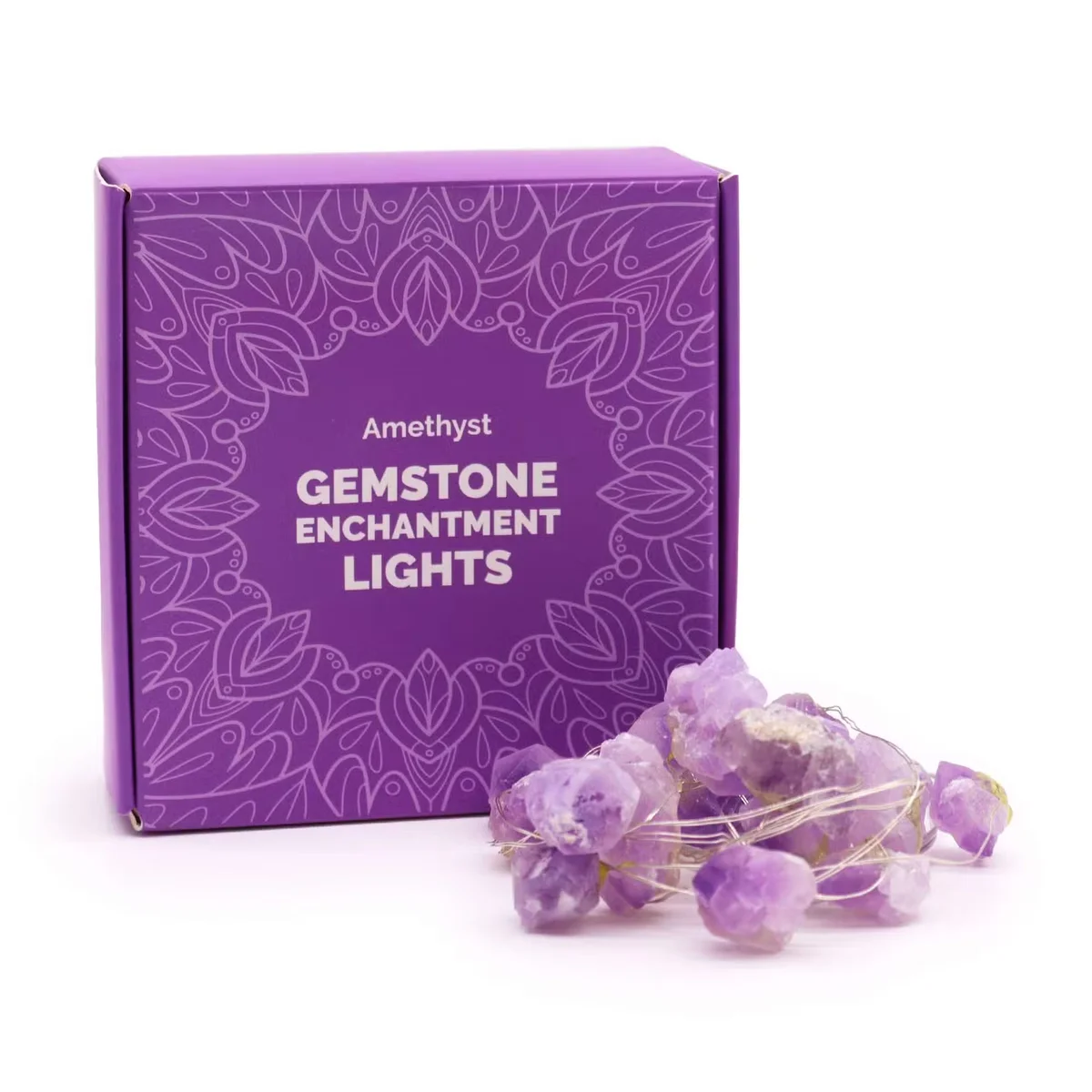 Amethyst gemstone string lights glowing softly, ideal for indoor mood lighting in a cozy setting